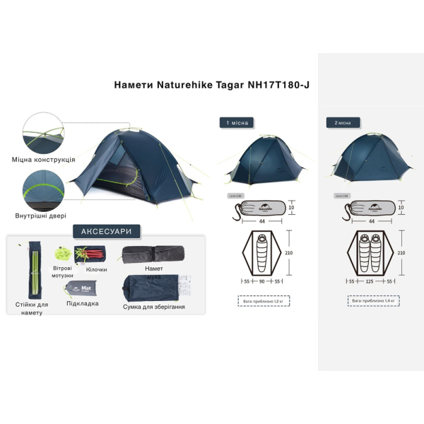 Намет двомісний Naturehike Tagar NH17T180-J, темний блакитний - фото №10