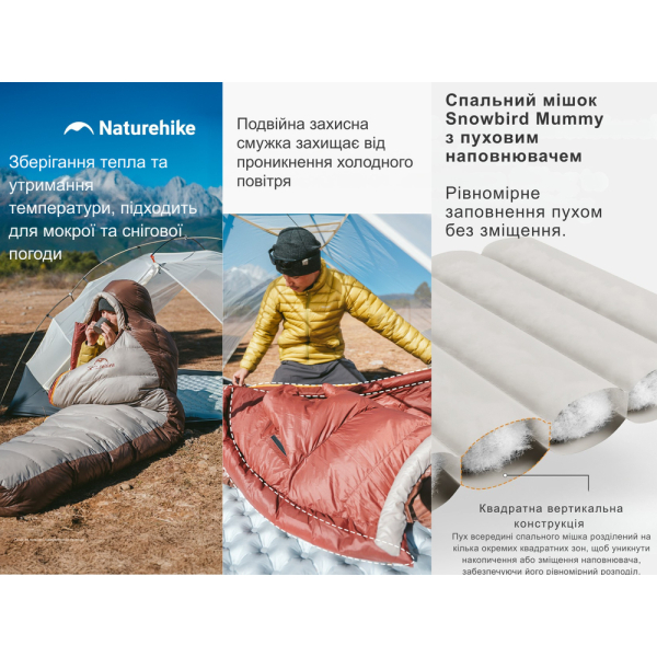 Спальник з натуральним пухом Naturehike Snowbird CNK2550WS014, p-р M, темно-коричневий 400 г - фото №9