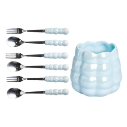 Набір десертних виделок і ложок на 3 персони з підставкою з порцелянау 7 предметів Блакитний HP-20-57