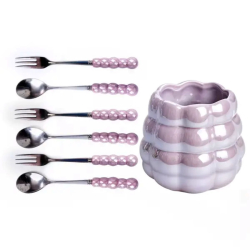 Набір десертних виделок і ложок на 3 персони з підставкою з порцелянау 7 предметів Фіолетовий HP-20-59