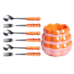 Набір десертних виделок і ложок на 3 персони з підставкою з порцелянау 7 предметів Помаранчевий HP-20-60