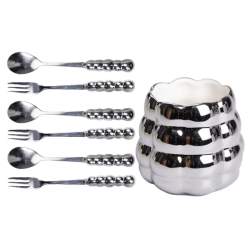 Набір десертних виделок і ложок на 3 персони з підставкою з порцелянау 7 предметів Сірий HP-20-61