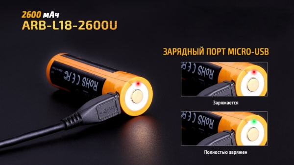 Акумулятор 18650 Fenix (2600 mAh) micro usb зарядка - фото №7