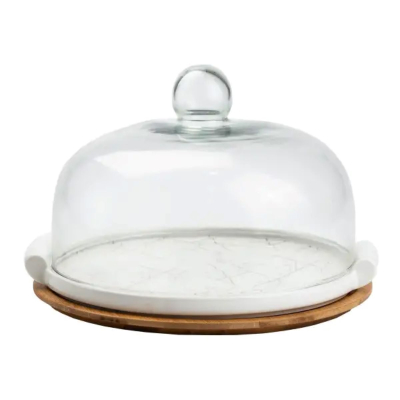 порцелянова тортівниця зі скляною кришкою на бамбуковій підставці HP1203 - фото