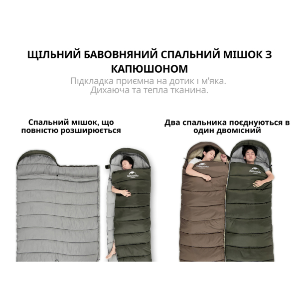 Спальник з капюшоном Naturehike U150 NH20MSD07, (11°C), лівий, коричневий - фото №6