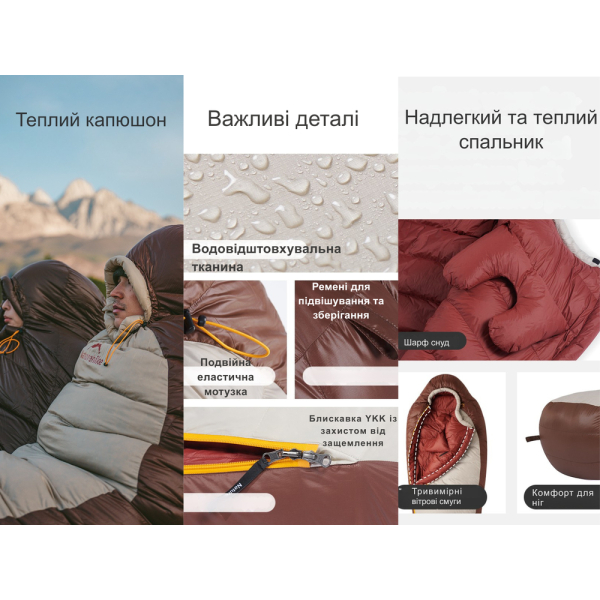 Спальник з натуральним пухом Naturehike Snowbird CNK2550WS014, p-р M, темно-коричневий 400 г - фото №10