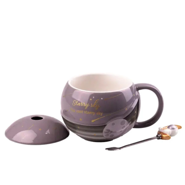 Чашка керамічна Starry Sky 400мл з кришкою і ложкою Сірий HP877G - фото №2