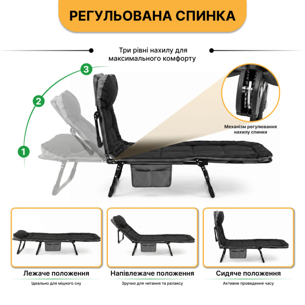 Розкладне ліжко (розкладачка) з вбудованим матрацом LEOBRO Black (LB-FB-M1-BLK) - фото №3