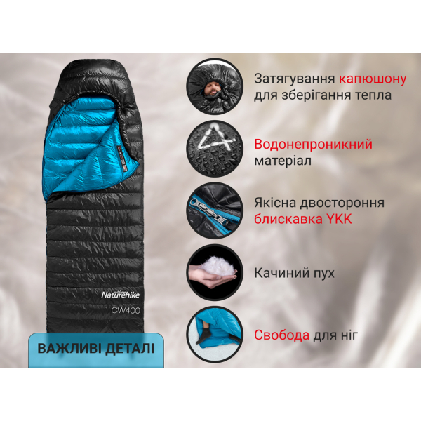 Спальник з натуральним пухом Naturehike CW400 NH18C400-D, p-р M, чорно-блакитний - фото №8