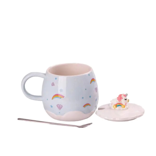 Чашка керамічна Rainbow Ceramic Mug 400ml з кришкою і ложкою Блакитний HPCY8278BL - фото №2