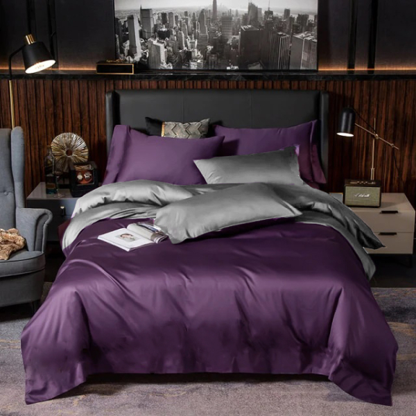 Постільна білизна ДУЕТ VIOLET FLOWER/TRUE GREY Premium Premium Сатин однотон MERISET - Полуторний - фото