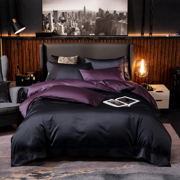 Постільна білизна ДУЕТ BLACK/VIOLET FLOWER Premium Premium Сатин однотон MERISET - Полуторний - фото