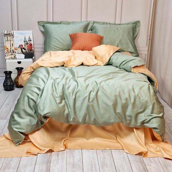Постільна білизна ДУЕТ GREEN FOG/SOFT PEACH Premium Сатин однотон MERISET - Полуторний - фото