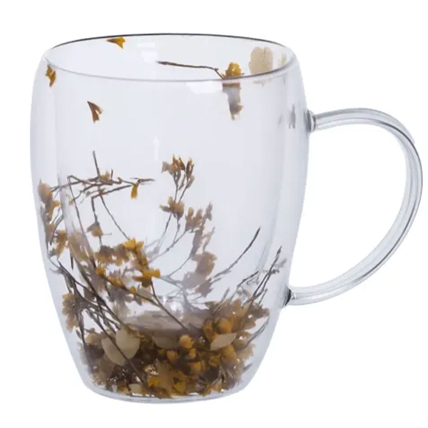 Чашка скляна з подвійними стінками, склянка з термостійкого скла з декором жовтих сухоцвітів 350 мл 64486-43 - фото №5