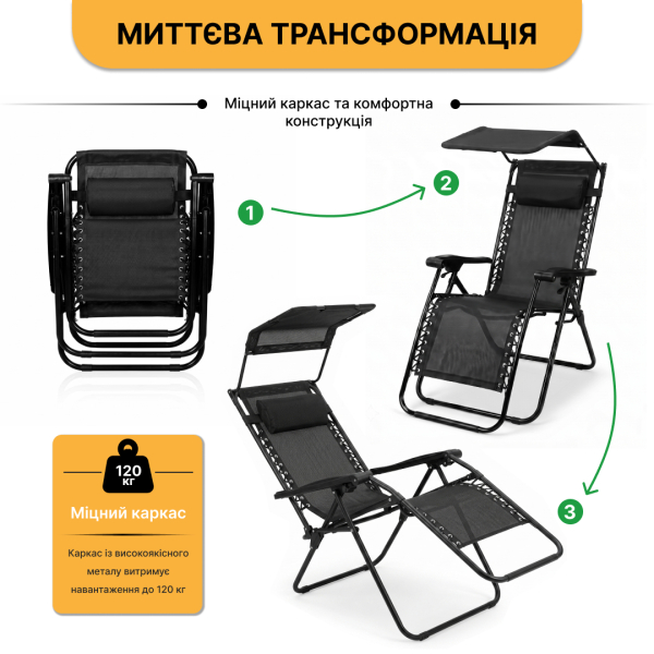 Розкладне крісло шезлонг з козирком LEOBRO Zero Gravity Black (LB-ZGC-H1-BLK) - фото №6