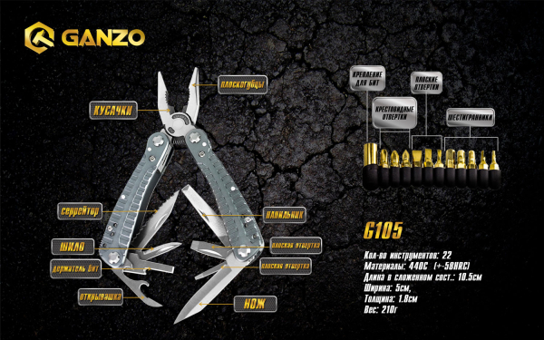 Мультитул Multi Tool Ganzo G105, Сріблястий - фото №34