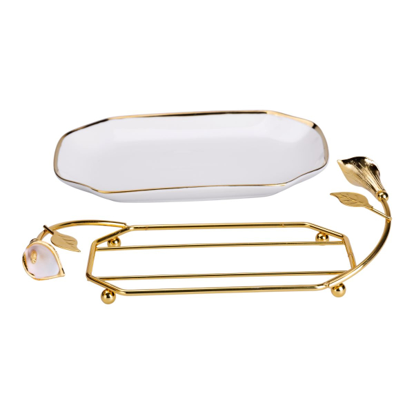 порцелянова фруктовниця на підставці 26×15×3.5 см Біла із золотом HP-7-5 - фото №2