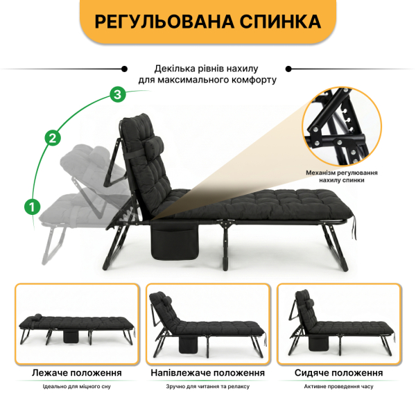Розкладне ліжко (розкладачка) з матрацом і подушкою LEOBRO Black (LB-FB-A1-BLK) - фото №5