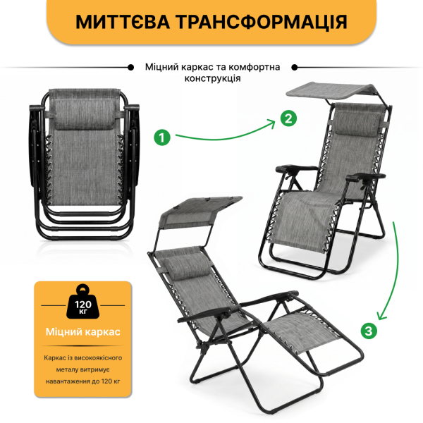 Розкладне крісло шезлонг із козирком LEOBRO Zero Gravity Dark Grey (LB-ZGC-H1-DGR) - фото №7