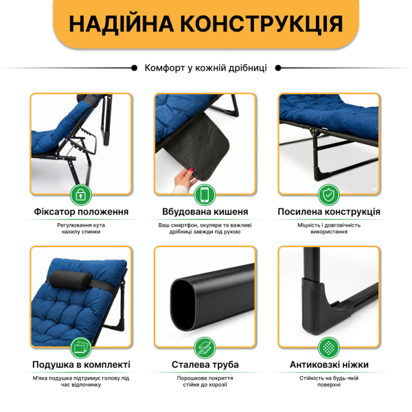 Розкладне ліжко (розкладачка) з матрацом і подушкою LEOBRO Blue (LB-FB-A1-BLU) - фото №8