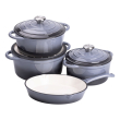 Набір чавунного посуду для приготування 3 каструлі та сковорода з емальованим покриттям Сірий HP-1-5 - фото №1