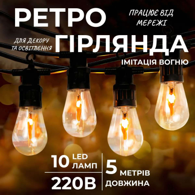 Ретро гірлянда вулична 10 LED лампочок 5 метрів А60 - фото