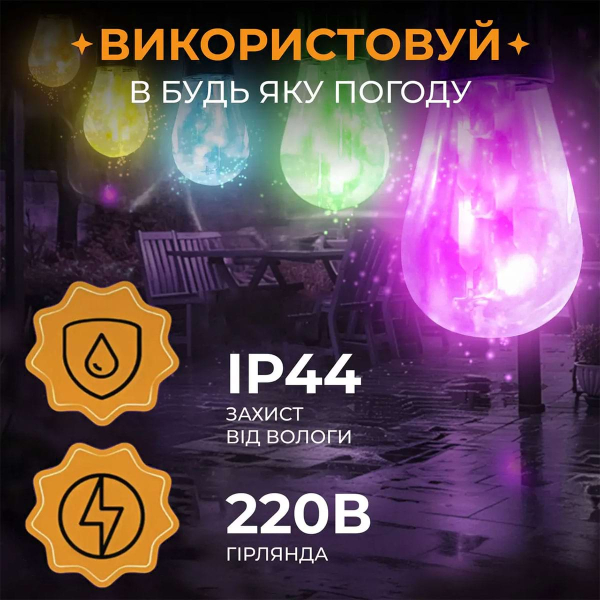 Гірлянда вулична у стилі ретро світлодіодна мультиколор S14 на 10 LED ламп завдовжки 5 метрів S14ML - фото №2