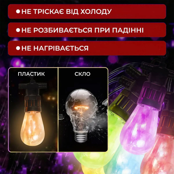 Гірлянда вулична у стилі ретро світлодіодна мультиколор S14 на 10 LED ламп завдовжки 5 метрів S14ML - фото №4