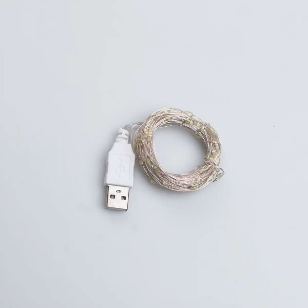 Гірлянда роса 10 метрів USB на 100 led світлодіодів крапля на білому дроті біла USB100L10MWW - фото №6