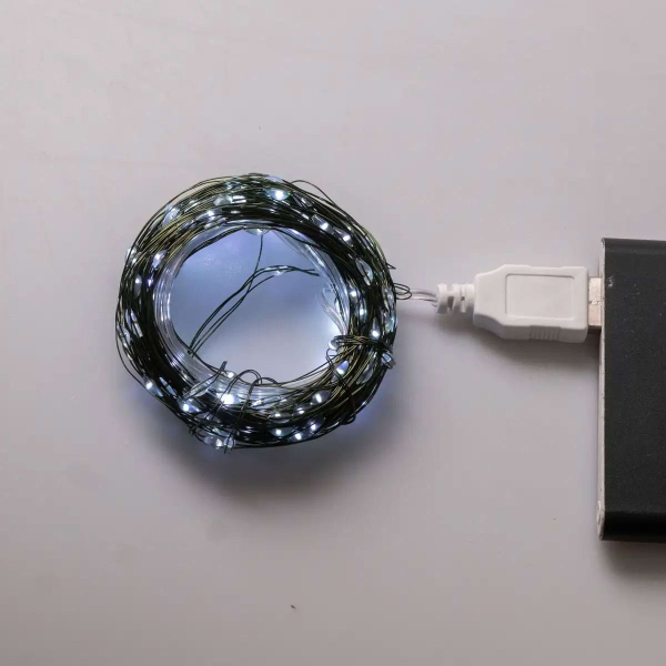 Гірлянда роса 10 метрів USB на 100 led світлодіодів крапля на білому дроті біла USB100L10MWW - фото №7