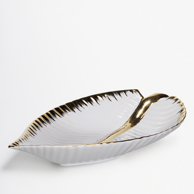 Декоративне блюдо у формі листочка 40 см, порцелянове, біле з золотом WH046 - фото