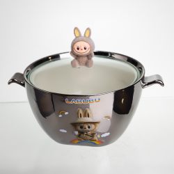 Бульйонниця порцелянова Labubu з кришкою та ручками 800 (мл) Ø15 (см) дитяча тарілка для супу та локшини Сріблястий з коричневим FM-34B