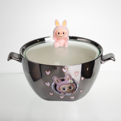 Бульйонниця порцелянова Labubu з кришкою та ручками 800 (мл) Ø15 (см) дитяча тарілка для супу та локшини Сріблястий з рожевим FM-34C