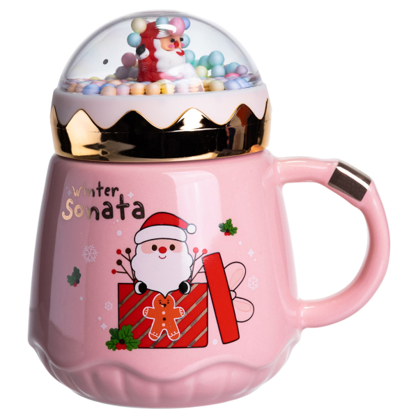 Чашка порцелянова з кришкою Christmas 400 (мл) Рожева Yiwu FM-CS-41C - фото