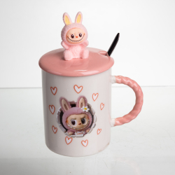 Кубок порцелянова з кришкою і ложкою Labubu 400 (мл) подарункова кружка прикольна чашка для дітей на подарунок Рожевий FM-35C