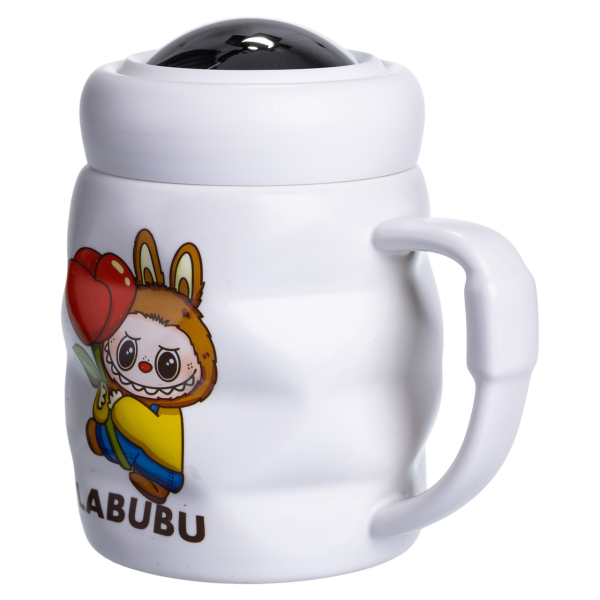 Чашка порцелянова з кришкою Labubu 400 (мл) подарункова кружка прикольна чашка для дітей на подарунок Білий з жовтим FM-54D - фото №3
