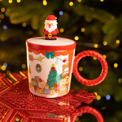 Чашка порцелянова з кришкою Санта 400 (мл) Червона Yiwu FM-CS-36A