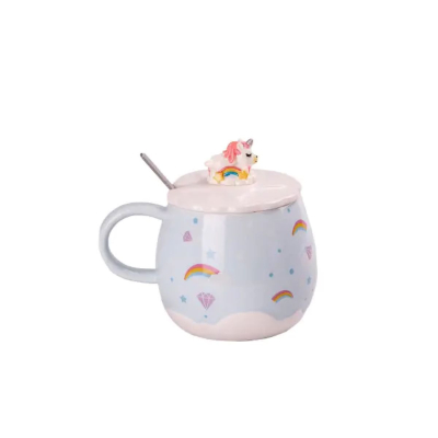 Чашка керамічна Rainbow Ceramic Mug 400ml з кришкою і ложкою Блакитний HPCY8278BL - фото