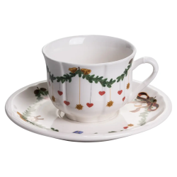 Чашка з блюдцем новорічна порцелянова з різдвяним принтом «Різдвяна гірлянда» YY78-11A-4