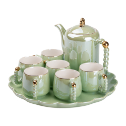 Чайний набір на 6 персон із заварювальним чайником та порцелянаовою підставкою Зелений HP-15-8