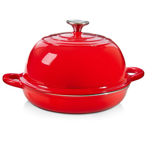 Чавунна кругла форма для випікання хліба з кришкою Ø26 (см) антипригарна форма для хліба в духовку Червона HP-1-22-RED - фото