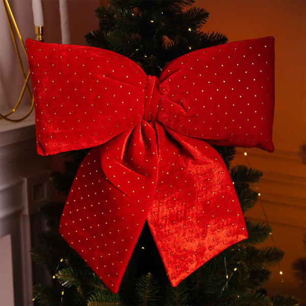 Оксамитовий бант для декору зі стразами на ялинку 55×70 (см) Червоний CR-2-5 - фото №4