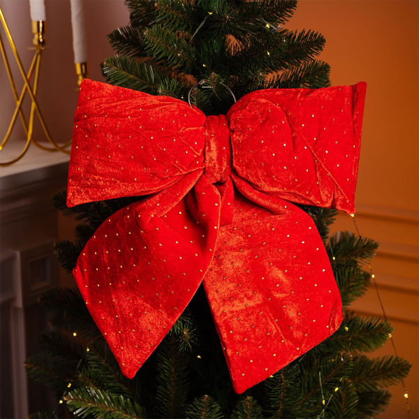 Оксамитовий бант для декору зі стразами на ялинку 45×50 (см) Червоний CR-2-6 - фото №4