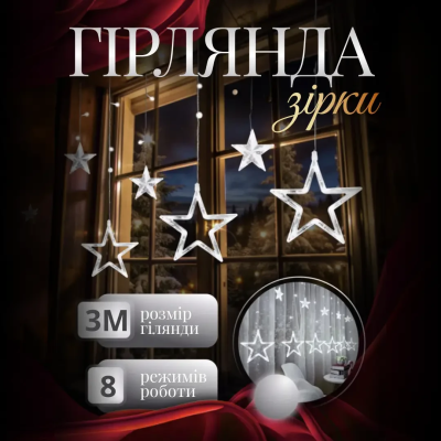 Електрична гірлянда Зірка штора 3 метри на вікно для фотозон біла WYF11W - фото