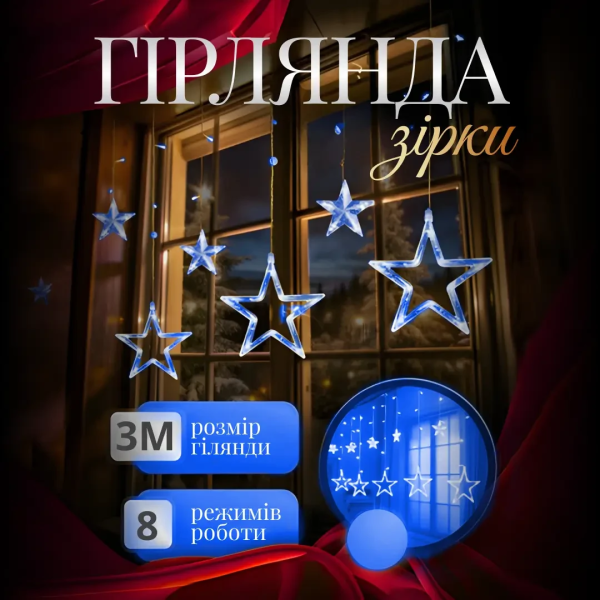 Електрична гірлянда Зірка штора 3 метри на вікно для фотозон синя WYF11BL - фото