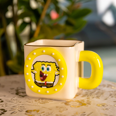 Порцелянова чашка "Губка Боб" з магнітним декором 500 мл, Кружка дитяча чашка із порцеляни на подарунок FM-12Y - фото