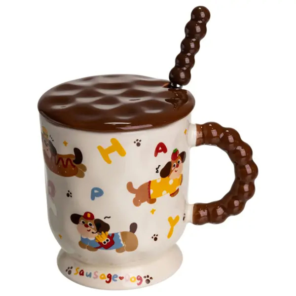 Новорічна порцелянова чашка "Весела Такса" з кришкою та ложкою 400 мл, Святкова кружка чашка для дітей на подарунок FM-17B - фото №5