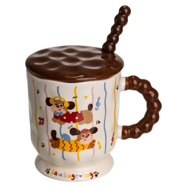 Новорічна порцелянова чашка "Весела Такса" з кришкою та ложкою 400 мл, Святкова кружка чашка для дітей на подарунок FM-17C - фото №5