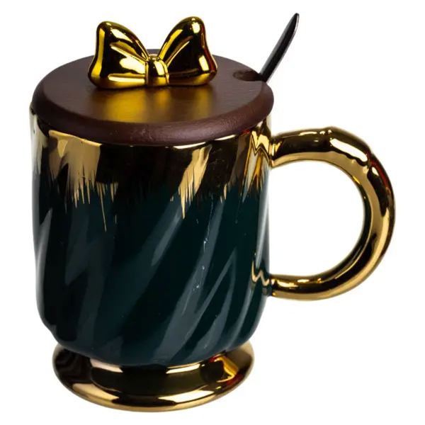 Новорічна порцелянова чашка «Золотий Вихор» 450 мл з кришкою і ложкою Yiwu FM-23A - фото №5