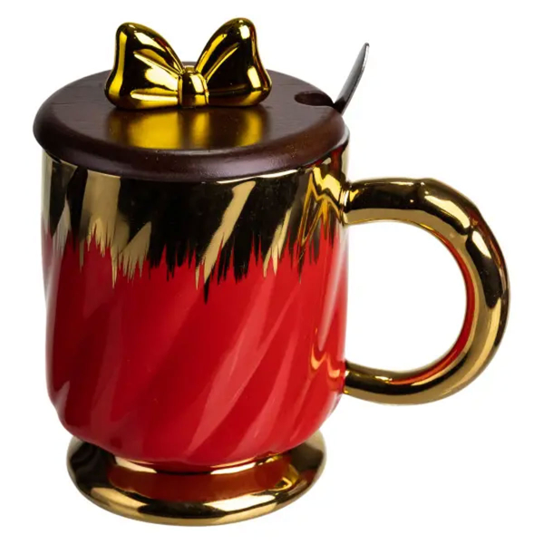 Новорічна порцелянова чашка «Золотий Вихор» 450 мл з кришкою і ложкою Yiwu FM-23C - фото №5